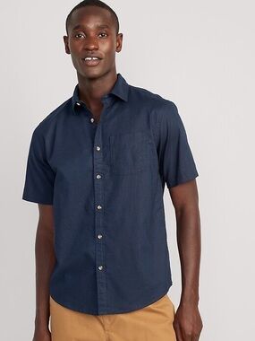 GAP Blue Slim Fit Short Sleeve Linen Cotton Button Down Shirt Navy Blue Coastal